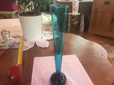 Buy Vintage Blue 9.5” Tall Controlled Bubble Single Stem Vase. • 10£