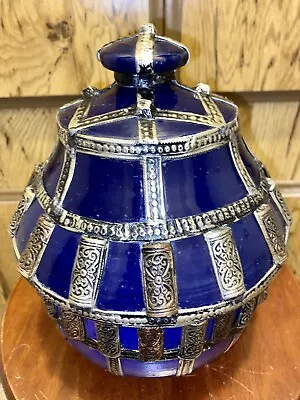 Buy Antique Moroccan Berber Kabyle Blue Pottery & Metal Covered Ginger Pot C-1900 • 373.27£