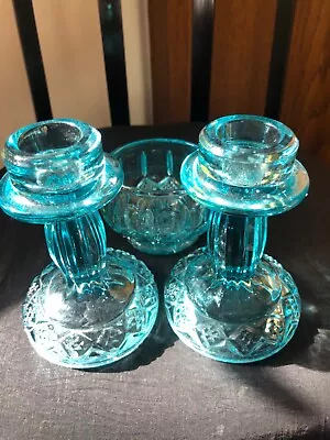 Buy Pair Blue Glass Candlesticks With Small Bowl, • 6.99£