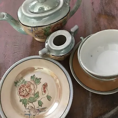 Buy Vintage Mini Orange Lustre Rose Tea Set Teapot 2 Cup Saucer Plates Pot No Lid • 4£