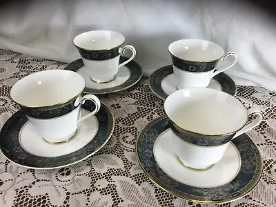 Buy Royal Doulton Carlyle 5018 Fine Bone China 4 Green/White/Gold Tea Cups & Saucers • 27.95£
