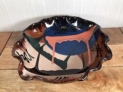 Buy Vintage Folk Art Studio Scallop Edge Drip Glaze Ceramic Bowl 10  Diameter Signed • 9.50£