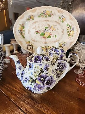 Buy Vintage,  Kent Pottery , Purple Pansies, Blue And White, Porcelain Tea Pot 6.5   • 38.36£
