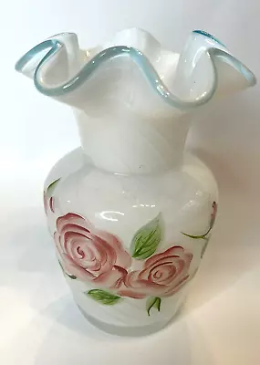 Buy Fenton Art Glass Teleflora Vase White Opalescent Hand Painted Roses Ruffled Vase • 16.28£