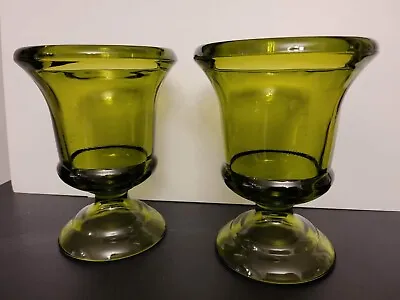 Buy Vintage Pair Of Indiana Pressed Green Glass Pedestal Candle Holders Or Vase  • 28.42£