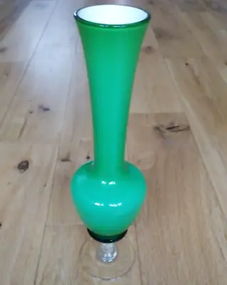 Buy Vintage Retro Tall Bulb Shape Green Glass Stem Vase Opaque With White Interior • 11.99£