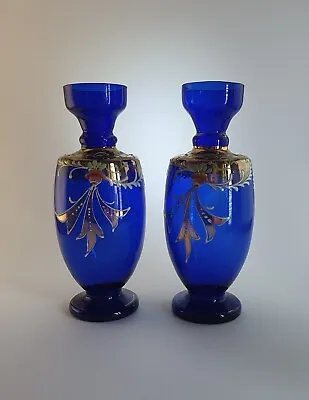 Buy Pair Cobalt Blue Czech /Bohemian Hand Painted Enamel Vases Floral Gold Moser • 35£