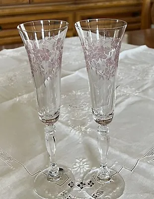 Buy Czech Bohemian Clear Crystal Etched Pink & Gold Floral Champagne Flute Glasses • 61.43£