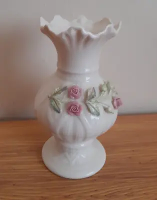 Buy Belleek Pottery Ribbon Spill Vase With Embossed Pink Flowers 11th Mark 2001-07 • 24.95£