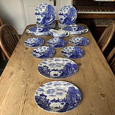 Buy Antique Blue & White Staffordshire Transfer Ware Dinner Set Venice Boats 29pce • 99£