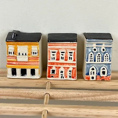 Buy Unmarked Hand Painted Ceramic Pottery Miniature Houses Buildings Set Of 3 • 36.09£