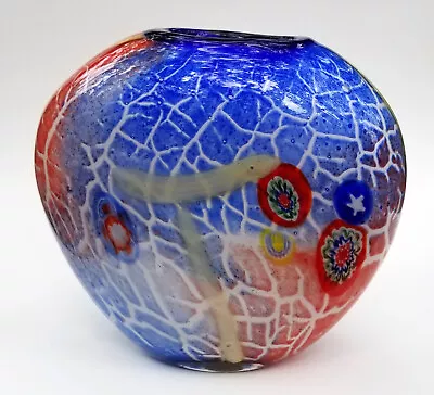 Buy Heavy Art Glass Millefiori Murano Style Flat Red White Blue Crackle Vase 9  X 9  • 95.86£