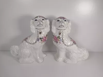 Buy Vintage Pair Of Large Staffordshire Pottery Dog's With Floral Motif • 69.99£