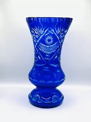 Buy Vintage Bohemian Cut To Clear Blue Glass Vase • 29.99£