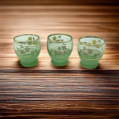 Buy Vintage MCM Green Glass Cherry Blossom 3 Matching 1oz Shot Glasses Barware Gold • 16.03£
