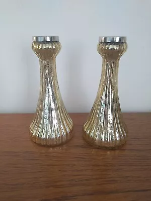 Buy 2 X Mottled Glass Candlesticks Vintage Gold Colour 22cms Tall  • 45£