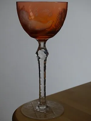 Buy OLD  WINE GLASS  CRYSTAL COLORED BOHEMIAN ORANGE Pheasant Engraved Height 7,68  • 132.82£
