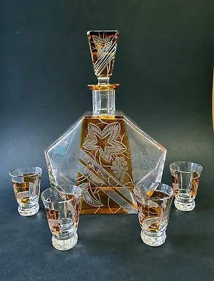 Buy Art Deco Bohemian Crystal Glass Liqueur Decanter Set, Flash Cut Amber Panels • 150£