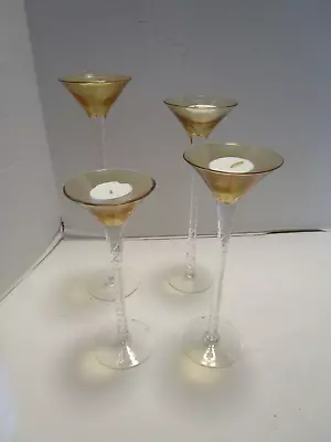 Buy Art Glass Set 4 Tealight Holders Tall Twisted Clear Stems Flash Amber Glass Bowl • 36.04£