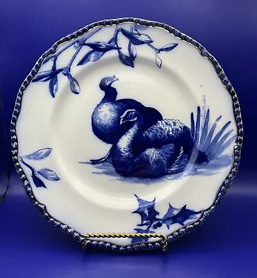 Buy Antique Doulton Burslem Flow Blue Christmas Turkey Dinner Plate • 187.92£