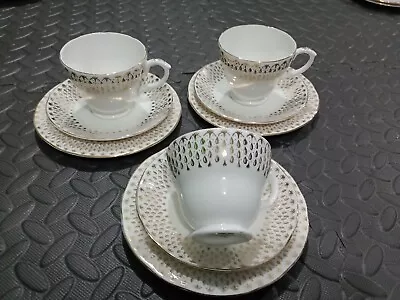 Buy Duchess  Gold & White Raindrops SET OF THREE TRIOS 3 * Teacups Saucers Plates  • 12.99£