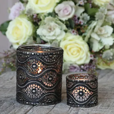 Buy Glass Tea Light Holders Candle Holder With Antique Metal Decor Set Of 2 • 16.49£