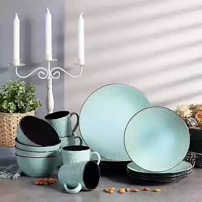 Buy 16Pc Stoneware Dinnerware Set Ceramic Dinner Dessert Plate Cereal Bowl Mug Green • 89.95£