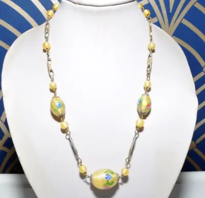 Buy Gorgeous Vintage Art Deco Yellow Satin Glass Necklace Inlaid With Flowers • 29.99£