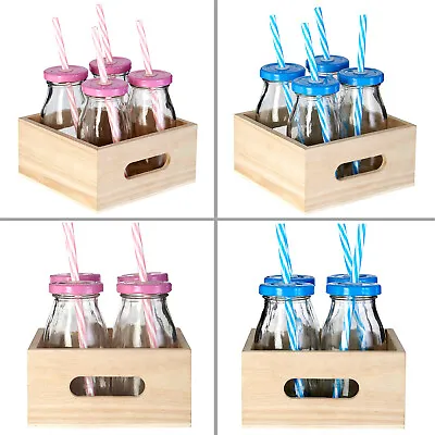 Buy 4PC Retro Drinking Glass Bottle Set With Lid And Straw Milk Juice Drinks 200ml • 11.50£