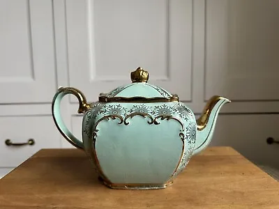 Buy Vintage Sadler Cube Teapot Turquoise Blue Mint Green Gold Gilt • 35£