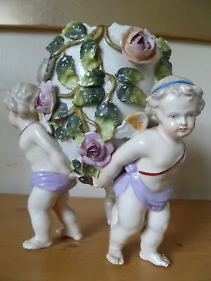 Buy Antique 19thC Sitzendorf Dresden Figural Egg Vase - Cherubs Floral Encrusted • 70£
