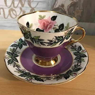 Buy (9)vintage Windsor Bone China Footed Tea Cup & Saucer Duo Purple /gilt Pink Rose • 10£
