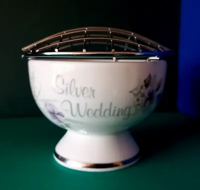 Buy Silver Wedding Fenton Fine Bone China Footed Rose Bowl Trinket Pot Lattice Lid • 6.99£