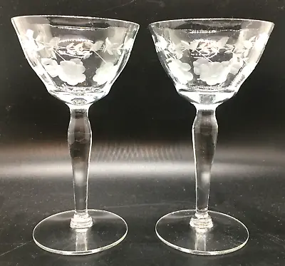Buy Optic Bowl Etched Crystal Sherry Glasses Hand Blown Floral Vintage 1940s  • 21.59£