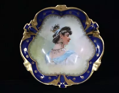 Buy Rare Antique Rs Prussia Style Scalloped Gold & Navy Royal Lady Portrait Bowl 6  • 143.09£