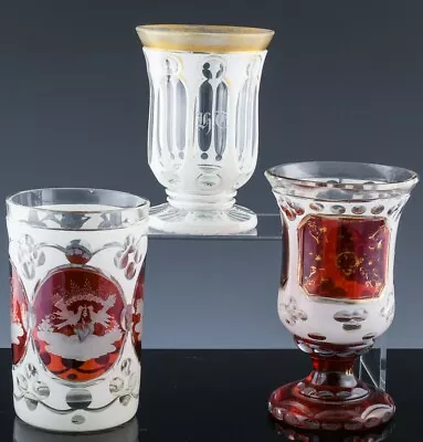 Buy ESTATE LOT 19thC ANTIQUE AUSTRIAN BOHEMIAN CUT TO CLEAR CASED GLASS TUMBLER CUPS • 6.83£