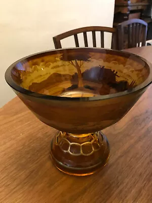 Buy Czechoslovakia Amber Cut Glass Hand Painted Fruit Bowl/ Horse & Carriage Design • 100£