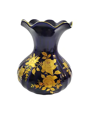 Buy Wunseidel Bavaria Echt Kobalt Vase Dark Blue & Gold Floral Ruffled Rim • 53.33£