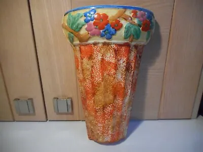 Buy Wadeheath Ware England Wade Art Deco Orange, Blue, Floral Wall Pocket Vase 224 • 16£