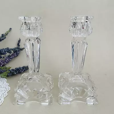 Buy Pair Of Vintage Candlesticks Art Deco Clear Glass Square Base Coquette Vanity • 15£