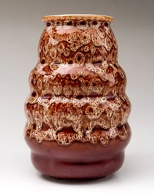 Buy New Devon Pottery Hooped Vase, Honeycomb Mottled Brown Drip Glazed  1960s 70s • 18£