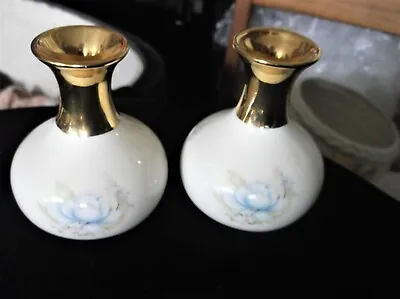 Buy Pair Small Very Pretty Prinknash Pottery Squat Vases Blue Flower Gilt Necks 4  • 6£