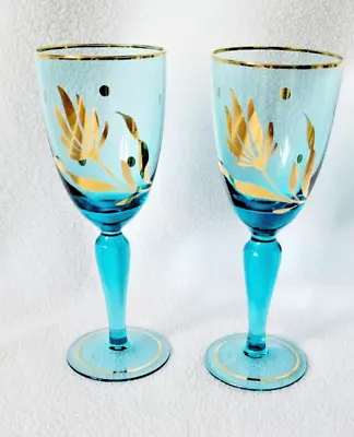 Buy 2 Cordial Glass Turquoise Blue W/Gold Leaf & Trim, Bohemian, No Scratches, MINT • 14.34£