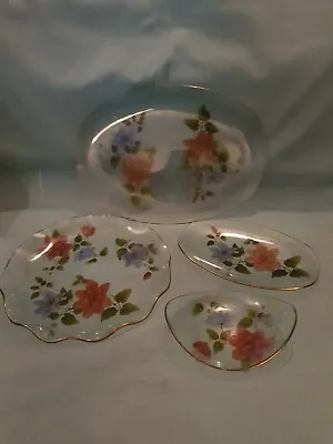Buy Vintage Chance Glass Set Of 4 Colourful Floral Various Shaped Trays Plates GC • 16.99£