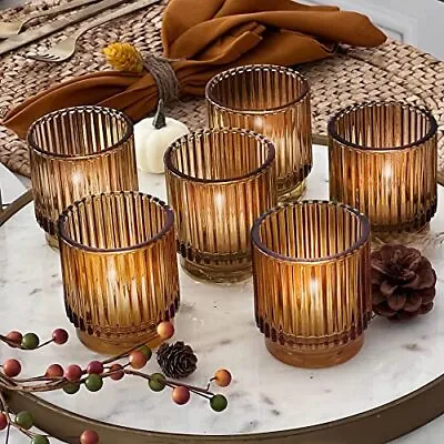 Buy  Vintage Ribbed Glass Tealight & Votive Candle Holders (Set Of 6), Fall Amber • 38.34£