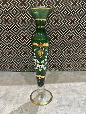 Buy Bohemian Czech Glass Bud Vase Green Gold Trim Hand Painted  Flowers Approx 8.5’’ • 15£