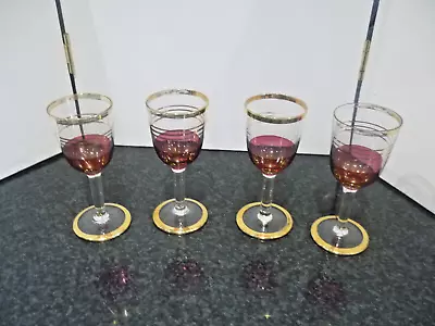 Buy Vintage 4  Cranberry And Gilt  Art Glass Liqueur Glasses • 17£