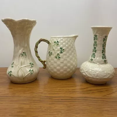 Buy 3 Irish Belleek Flower Vases And Pitcher Shamrock Pattern Cream Color Vintage • 38.34£