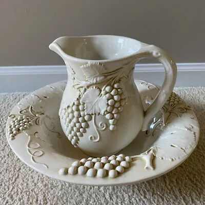 Buy Bassano Ceramic Pitcher & Bowl Grapevine Ivory/White Made In Italy • 21.81£