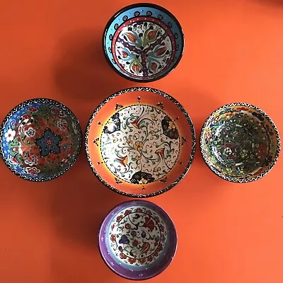 Buy 5 Vintage Retro Handmade Ceramic Bowls Hand Painted Turkish Colourful Floral Lot • 45£